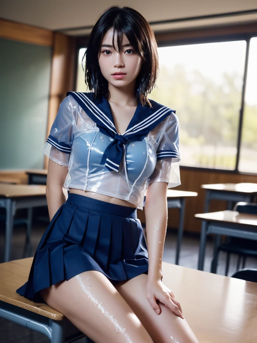 (masterpiece:1.2), Very detailed, Ultra-high resolution, (Realistic, photo Realistic:1.6), High-resolution RAW color photos, Professional photos, Sharp focus:1.2, (Very detailed顔と肌の質感, Very beautiful eyes, Glossのある肌, Glowing Skin, Glowing Skin, Shining Face, Gloss, Oily skin, greasy face, Oily skin, greasy face,),, (real Glossのある肌 texture), Perfect Anatomy, Very detailed背景,(High school classroom at night),((1 female)),25-year-old woman, Japanese women,height: 168cm,(short hair, Straight hair, bangs, Brown Hair),(Flat Chest:1.6),(Slim, thin legs), ((((Short Sleeve White Sailor School Uni形状、Navy blue pleated skirt:1.5、Sexy lace bra covered by sailor suit:1.3))),(Sit at a desk)、((((Wet, see-through clothes:1.5))))、(Perfect and detailed bra)