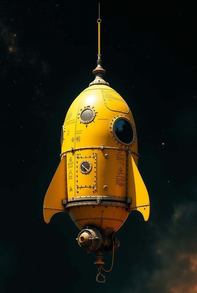 A small yellow capsule-type spaceship,1969s Design,Spaceships don&#39;t have wings,Riveted surface,There is writing on it,There are no windows.,Has a hook,Spaceship background in space,There is landing gear and it can land.,