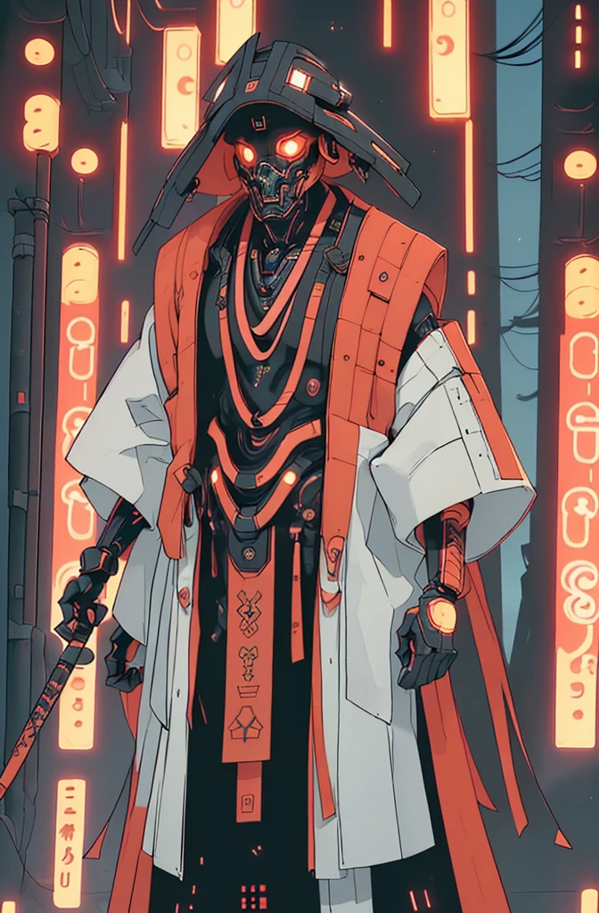 Japanese man, cocky expression, Japanese chonmage haircut, wise old man, wrinkled face, cybernetic implants, augmented arms, sleeveless kimono, dragon tattoos, cyberpunk aesthetic, high fantasy environment, on mountain overlooking distant city, feudal Japan, high quality, perfect anatomy,