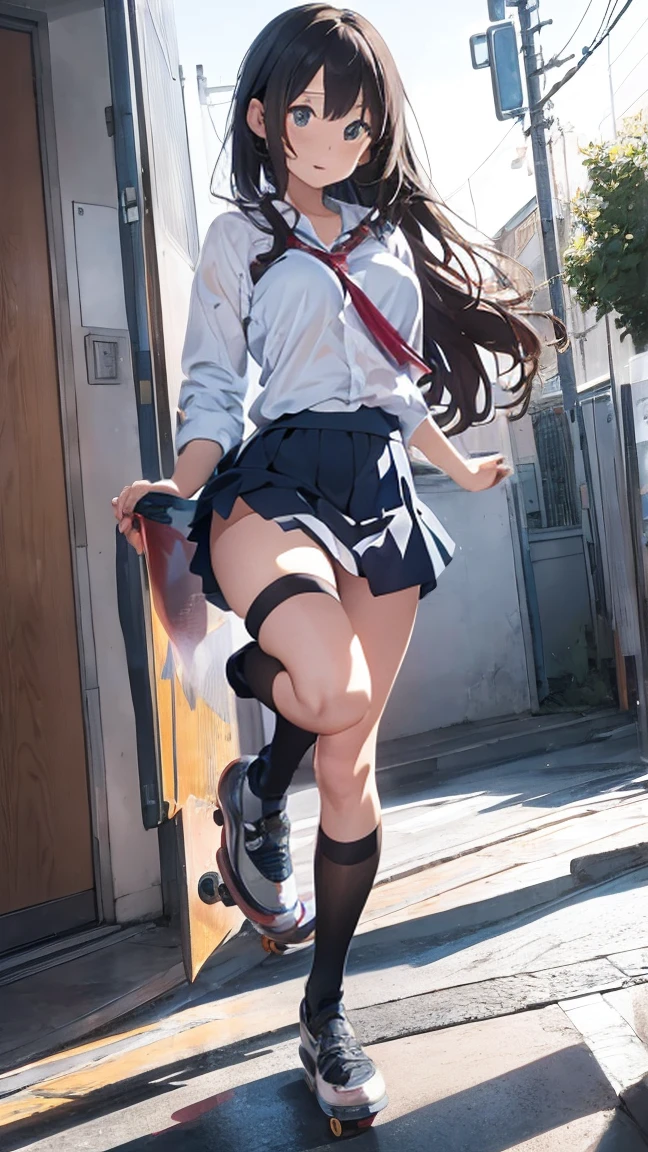 A woman in a short skirt and high heels is riding a skateboard, High school girl posing, Young Gravure Idol, Young and cute gravure idol, Young and skinny gravure idol, Young Sensual Gravure Idol, Japanese girls uniform, Akiko Takase, realistic Young Gravure Idol, [ Realistic photos ]!!, Wearing a skirt and knee-high socks