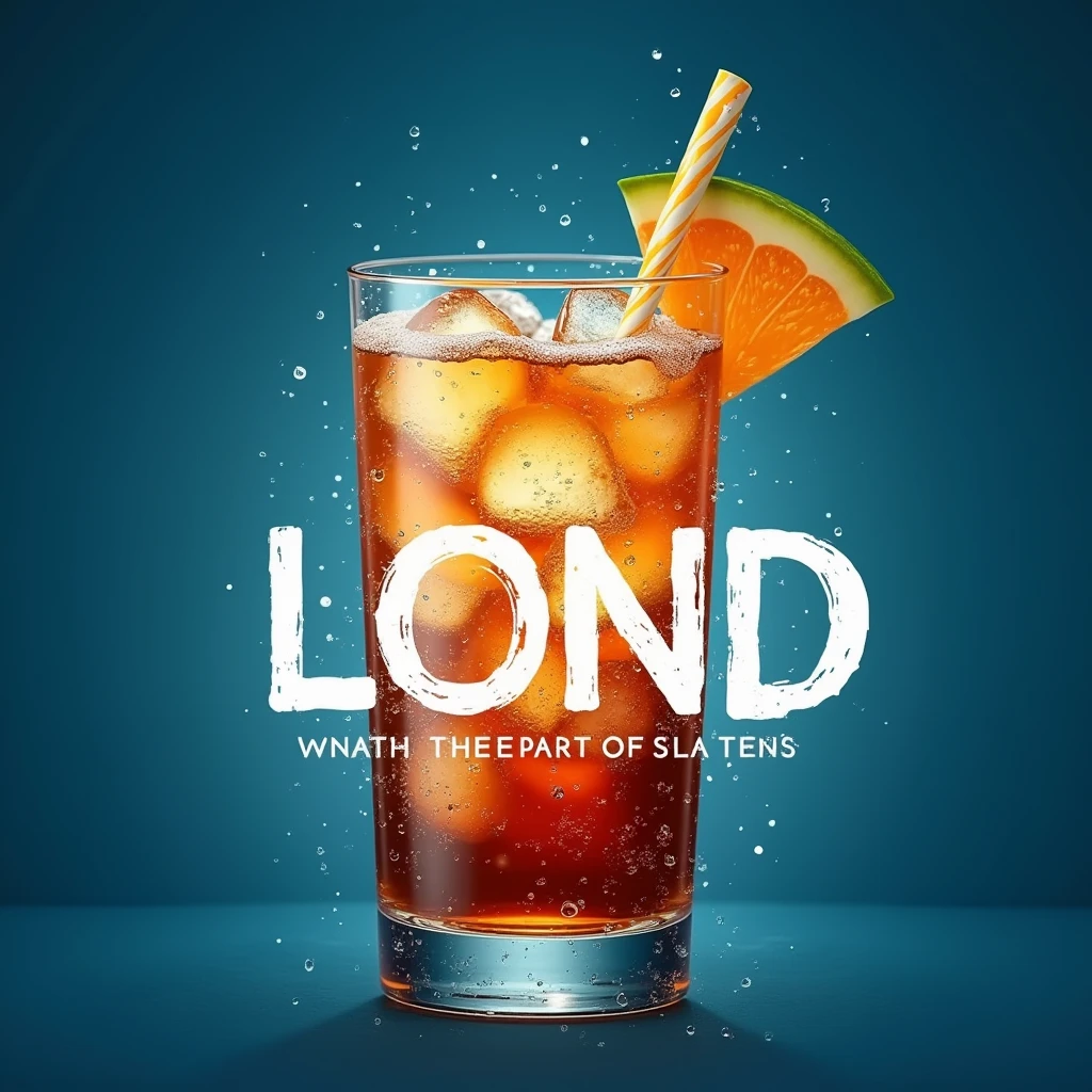 Create a clean stunning standalone image with clean lines, splash art with vibrant color. The image should be engaging, avoid abstract or minimalistic styles. The image should be fully contained within a tropical, related to Vietnam frame, with edges that seamlessly blend into a clean deep blue background. Ensure all elements of the design are visible and not cut off at the edges. A single, classic Long Island Iced Tea cocktail, against a clean deep blue background. The title "LONG ISLAND" is crafted in a bold, modern typography in front of the image. The letters are bold and minimalist, with clean lines and balanced proportions, rendered in a white color that stands out against the deep blue background. The cocktail is rendered in exquisite detail, with condensation drops glistening on the glass. The glass itself is tall and slender, showcasing the characteristic color gradient from amber to brown.