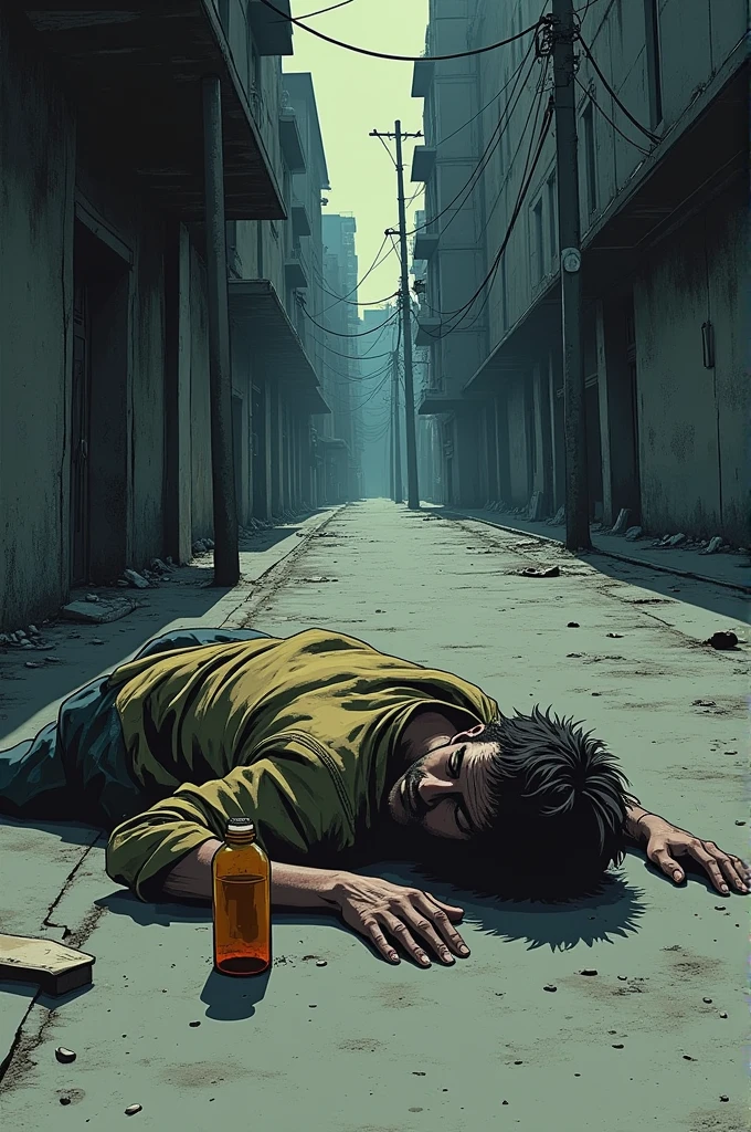 [A man in rags, lying on the sidewalk, with an empty bottle in his hand.] Create an image for a graphic novel 