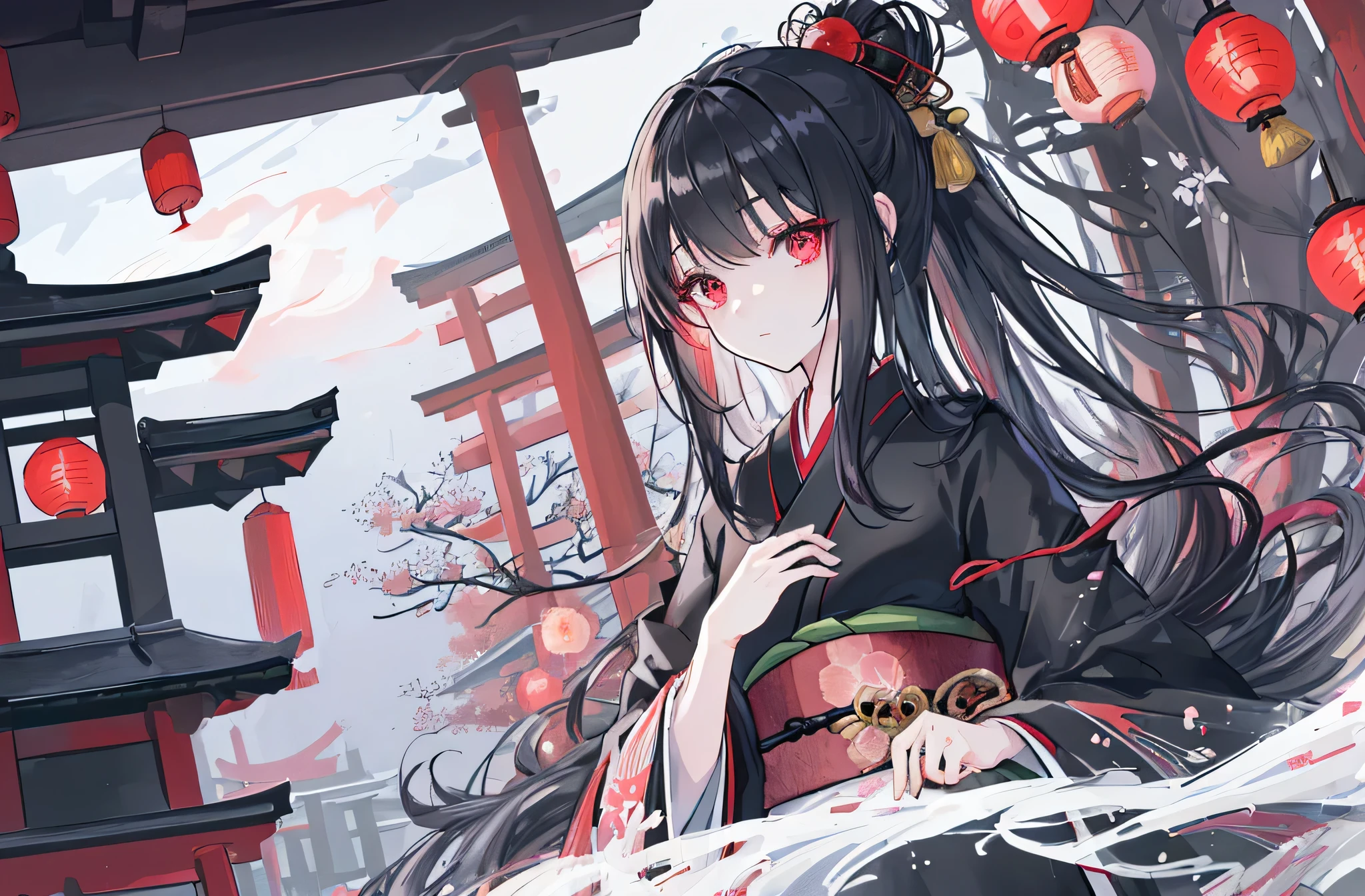 [(Japanese Temple Background:1.4)::5],Original,(Illustration:1.1),(Best Quality),(masutepiece:1.1),(the Extremely Detailed CG Unity 8K Wallpapers:1.1), (Colorful:0.9),(mid-shot:0.95),(very detailed beautiful face and eyes),(Solo:1.2), (girl),(((Adult))), (Detailed beautiful eyes:1.15), (Beautiful face:1.15), (Glowing red eyes:1.25////),(((Black Long Hair))),((side poneyTail)),(+perfect hand+:1.21),(Draw illustrations of Japan fantasy costumes),(Religious),(slender),(((Black kimono))),(Black Priestess Girl),((upper body)),