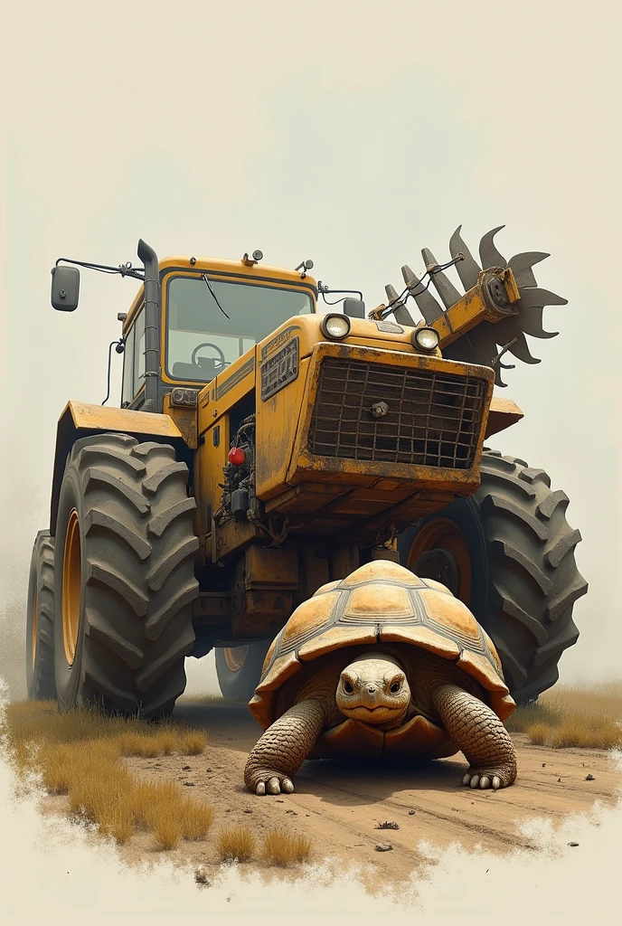 Imagine a robust and determined tortoise, with an expression of effort, dragging a tractor grader harrow. At the rear, the grid can be the same size with several plow discs and to make it look like it is being pulled with difficulty by the tortoise..