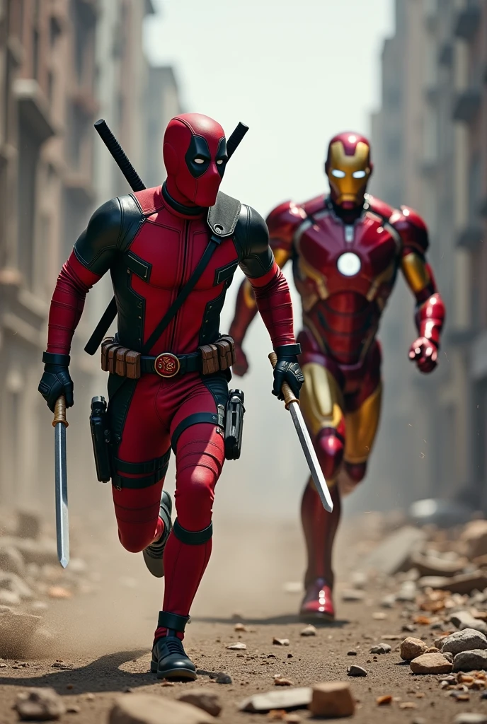 "Deadpool, wearing his signature red and black suit, is running towards Iron Man. He has his typical irreverent grin on his face, holding a katana in each hand, with an agile and carefree stance. Iron Man, in his shiny, high-tech metallic armor, is slightly ahead, flying low with his thrusters engaged. The scene is set in a destroyed urban environment, with debris and sparks flying around, capturing the tension of an epic battle.