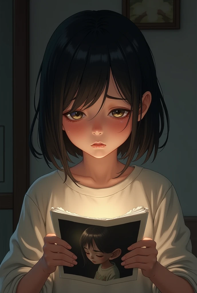 A picture of a girl crying while looking at a photo