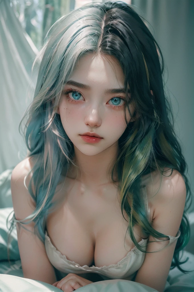 character, female, ((17 year old)),realistic (reality))), ((((1girl)))), long thick hair, wearing pastel green lingerie bikini, (( in bed.)) white silk sheets + pillow case [[ laying on the bed enticing pose]] (split-color hair, hair color slight Red mixed with black and pastel green mixed with black,)) long EYELASHES (((Split-colored eyes color blue and green,)) hair censorship, ((add_detail:1)) soft and delicate depiction, ((beautiful delicate Russian woman)) (High Dynamic Range), Ray Tracing, NVIDIA RTX, Super-Resolution, Unreal 5, Subsurface Scattering, PBR Textures, Post-Processing, Anisotropic Filtering, Depth of Field, Maximum Sharpness and Clarity, Multi-layer Textures, Albedo and Highlight Maps, Surface Shading, Accurate simulation of light-material interactions, perfect proportions, Octane Render, two-color light, large aperture, low ISO,((MFBP1))((various pose and facial expression)) nipple
