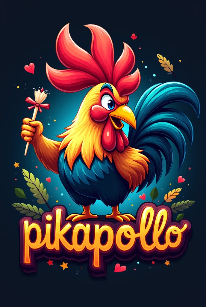 Logo for my company with the rooster Claudio with a toothpick in his mouth with the name pikapollo Something extravagant and alive