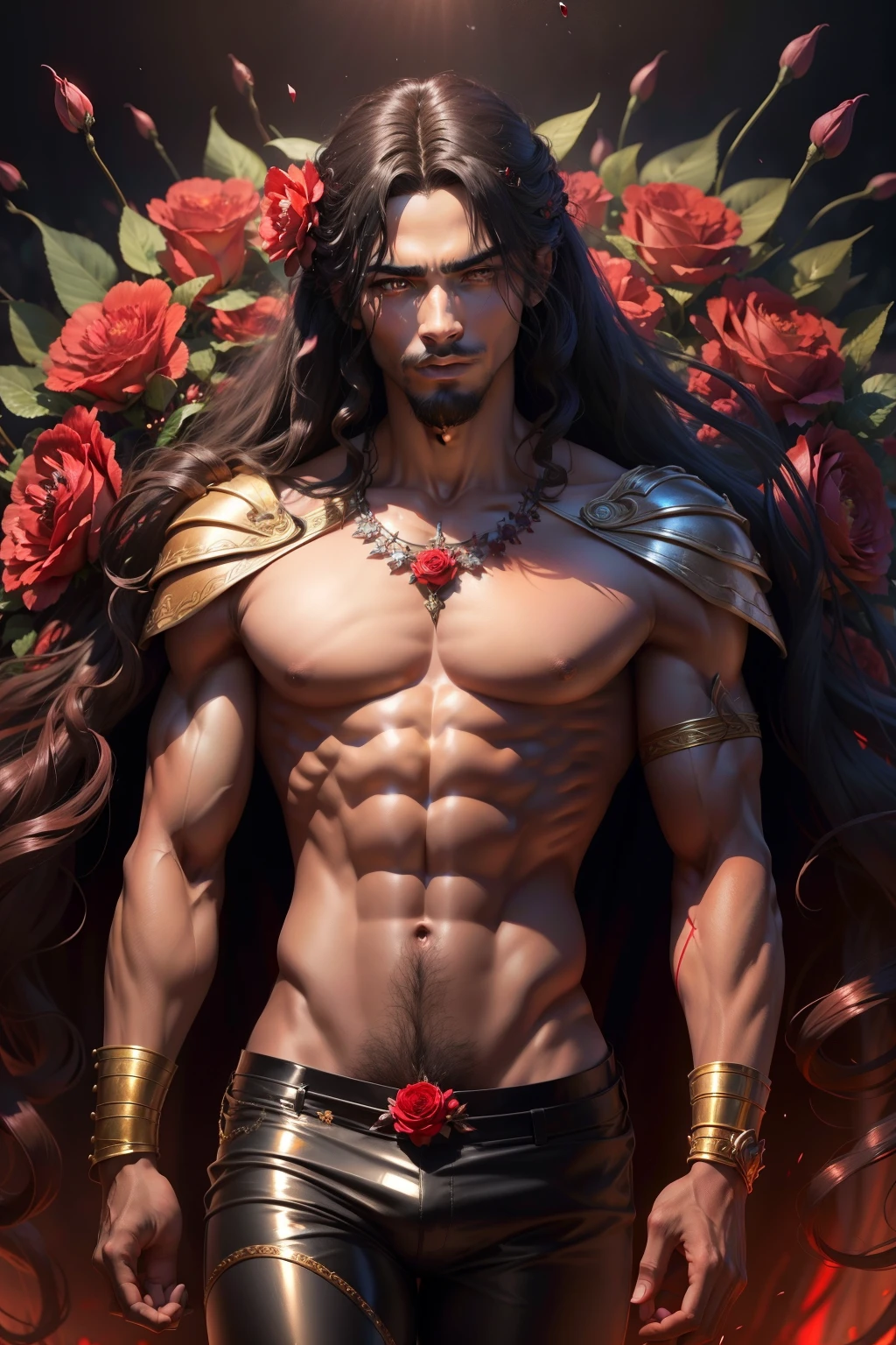 (8k,photorrealistic　RAW photograph　Maximum quality;1.4) (1 African boy) Super handsome king of the underworld　(lifelike face) 　(hair with flowers,  long hair in the wind )　slenderbody　Muscular and macho　big pink eyes　Aristocratic metallic costume with red flowers 　Red flower decoration　Fangs peeking out of the mouth　Pointed claws　a seductive gaze　Beautiful expression　A hyper-realistic　(King of the Underworld)　appealing　(real looking skin)　super high resolution　high détail　Luxury metallic red flower pants　Aura of red flowers emanating from the body　effect　red flowers metallic cover 