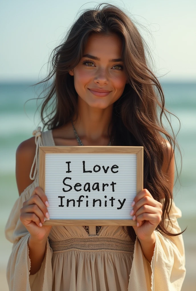 Beautiful girl with wavy long hair, bohemian dress, holding a white board with text "I Love Seaart Infinity" and showing it to the viewer