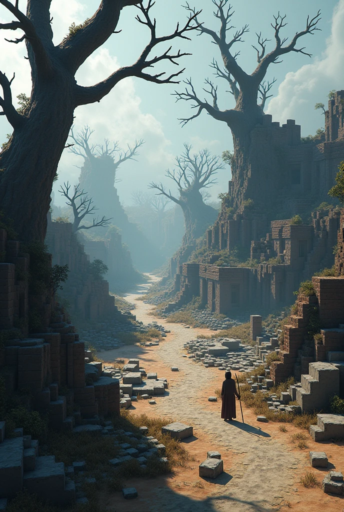 Aerial image of a devastated village,with dry trees and devastated ruins in the background. It has to be like Minecraft, even without inventing houses, it has to be exactly like Minecraft, motherfucker