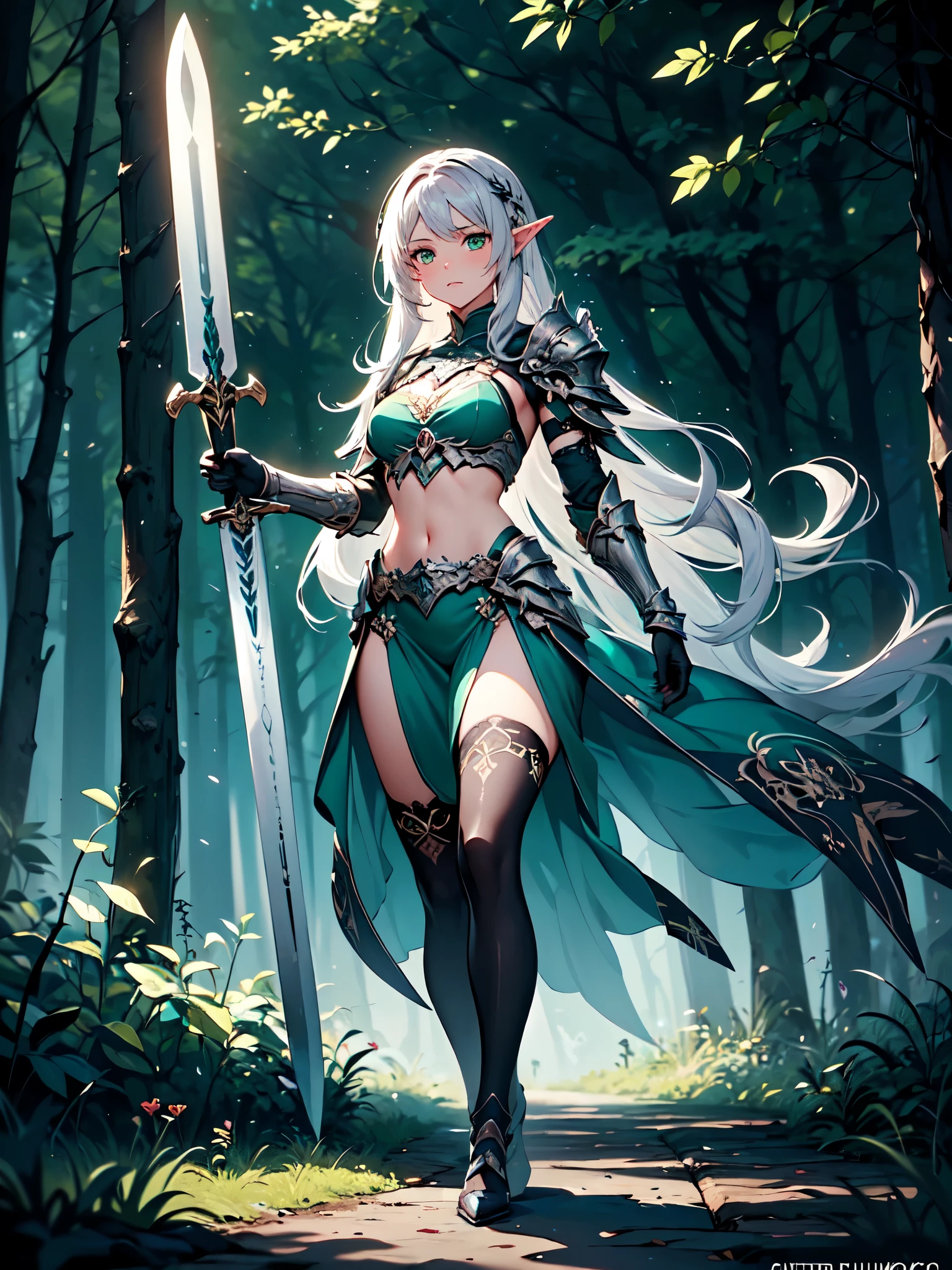 (((Masterpiece, best quality, high detailed, 8k))) Design a layout showcase Gaming character, (1girl). Long silver hair, green eyes, wearing a long flowing jade dress, showing midriff, wielding a massive greatsword, sexy. (masterpiece:1.2), (best quality), ultra-detailed. (Step by step design, layout art:1.5), (luminous lighting, atmospheric lighting). Majestic elf in a magnificent forest with beautiful lighting. ((glove full hands)), intricate vambraces, thigh highs, thick thighs, (((full_body_shot:1.4))). The elf stands gracefully amidst dark, dense, ancient, towering trees, their leaves shimmering with a magical glow. The bikini armor, a blend of sleek metal and glowing energy lines, contrasts beautifully with the natural surroundings. Her long silver hair flows softly around her, framing her elegant face with piercing green eyes that radiate wisdom and strength. The empowering greatsword she holds is pulsing with an ethereal green light. She exudes an aura of power, serenity and royalty, perfectly harmonized with the enchanting beauty of the forest around her. Art style inspired by Artgerm, Kawacy, and Wadim Kashin.