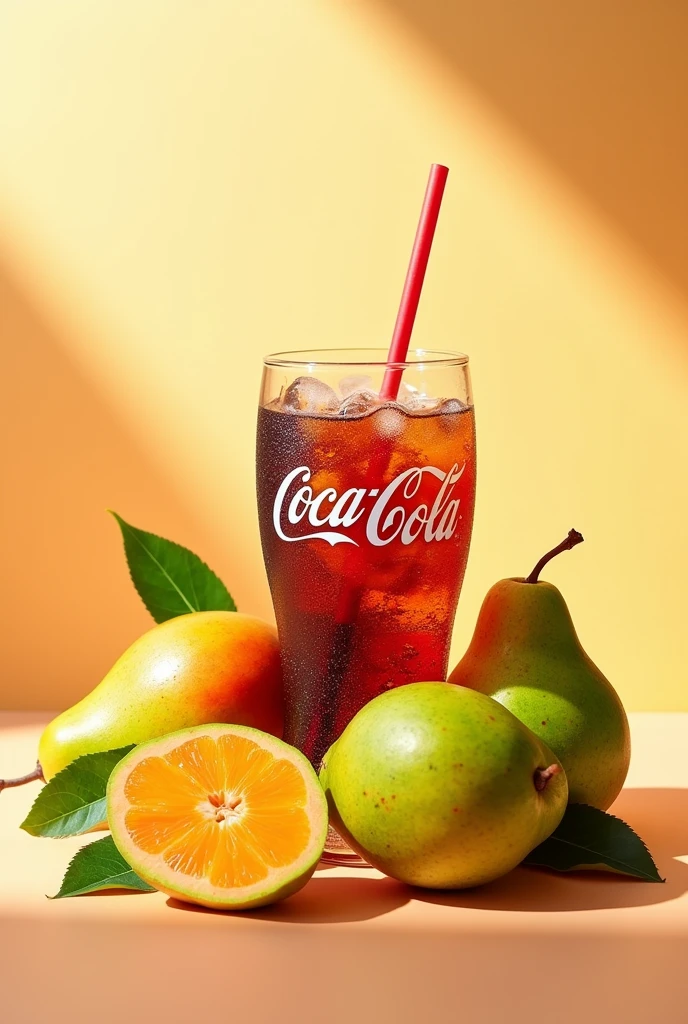 Create an advertising image of a mango boing ,half-liter guava and a half-liter glass coke