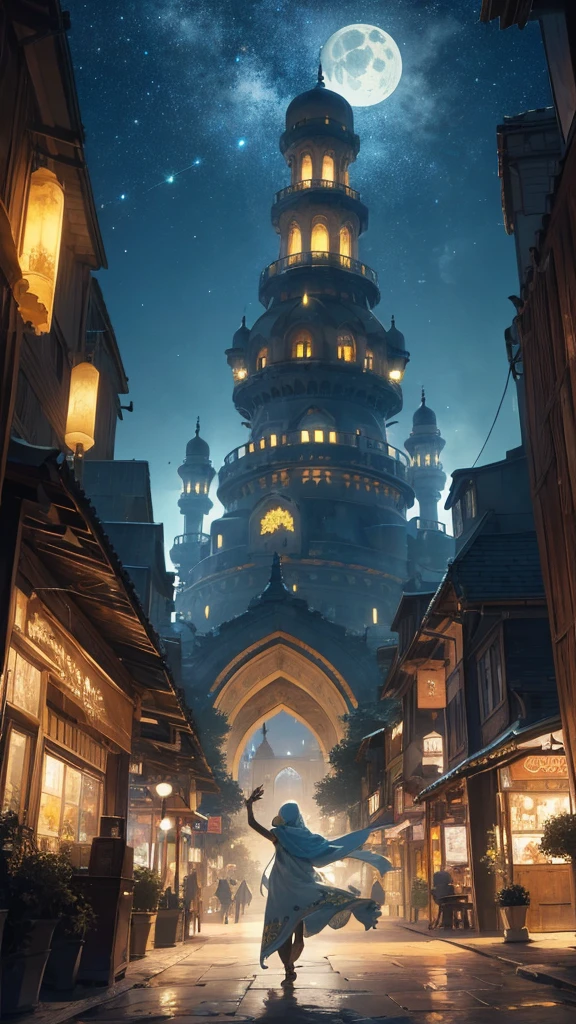 big mosque, muslim, islam, As twilight blankets the realm, the heavens come alive with a celestial spectacle. Countless stars twinkle like shimmering diamonds, their ethereal glow casting a soft illumination upon the landscape. The moon, radiant and full, bathes everything in a gentle silver light, accentuating the enchantment that lies within. At the heart of the composition stands a majestic mechanical frog—a testament to both artistry and engineering prowess. Crafted with meticulous detail, its metallic frame gleams in the moonlight, adorned with ornate patterns and intricate engravings. Gears and mechanisms intertwine seamlessly, bringing the creature to life with graceful movements. a mesmerizing marvel of human innovation and imagination. Mosque adorned with neon lights reach towards the heavens, their vibrant hues painting the night sky with a kaleidoscope of colors. Tiny windows flicker like stars, revealing glimpses of bustling activity within the city's vibrant streets. As the mechanical frog traverses the landscape, its steps create a gentle rhythmic hum that reverberates through the air—a symphony of wonder and possibility. Each hop is a delicate dance, leaving behind a trail of glittering stardust that twinkles like a celestial pathway. The surrounding environment is a harmonious blend of nature and fantasy. Lush greenery and blooming flowers flourish beneath the moon's gentle gaze, their petals embracing the night with delicate fragrances. Majestic trees, their branches adorned with luminescent moss, stand sentinel, casting surreal shadows upon the landscape. A winding river meanders through the scene, its waters mirroring the starry spectacle above. It whispers secrets as it flows, weaving a tale that only those who listen closely can understand. Along its banks, fireflies illuminate the darkness with their gentle glo