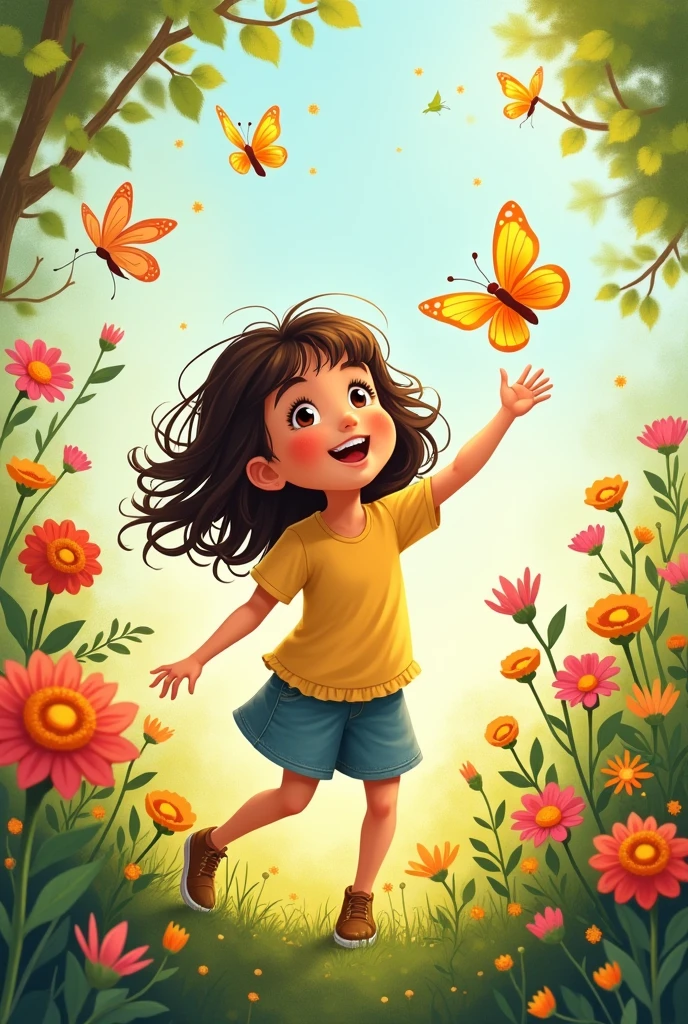 "Illustration of a young girl with dark brown hair, around , playing joyfully in a vibrant garden. The garden is filled with a variety of colorful flowers, with butterflies fluttering around her and birds singing from nearby branches. The girl, with a playful and curious expression, is surrounded by lush greenery and is reaching out to catch a butterfly. The overall style is warm and whimsical, capturing the magical and carefree atmosphere of a sunny day in this enchanting garden.