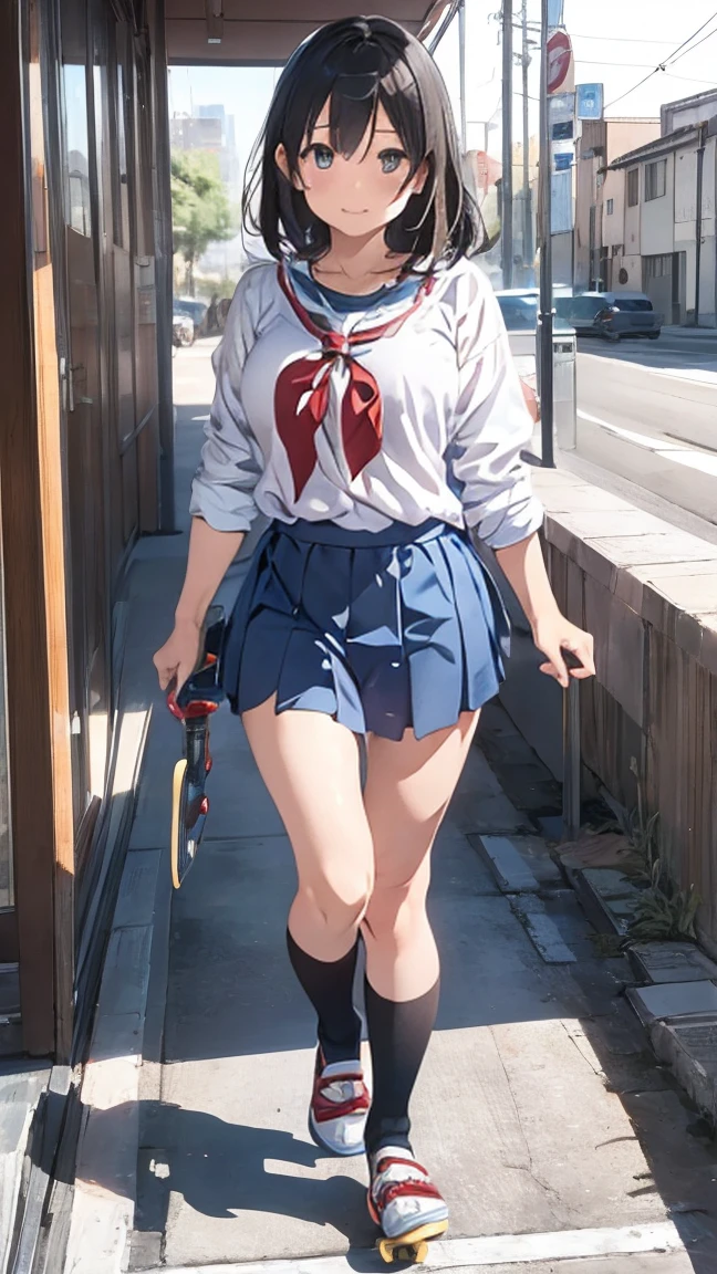 (((masterpiece, Highest quality, High resolution, 超High resolution, Pixel perfect, Written boundary depth, 4K, RTTX10.0))), Beautiful Anime Woman, Beautiful art style, Anime characters, ((Smooth texture, Realistic texture, Anime CG style)), Exact finger count、Exact number of legs、(Exact number of arms:1.0, Exact number of hands:1.0), (Perfect hands, Perfect Anatomy), Cinematic, Realistic, Highly detailed CG, Daytime lighting, Perfect lighting, Best Shadow, The best natural light, whole body, Perfect body, ((Long Hair, bangs, Dark brown hair, Bobcut)), (Detailed face, Beautiful Face, Beautiful eyelashes), (An adult woman is walking next to me., Lift up your skirt with your hands.:1.4), (Fashionable white shirt, Sailor collar, Navy knee socks, loafers, Navy pleated mini skirt:1.3)、Angle from the front, ((Stylish shiny satin panties, Side tie white panties, White lace trim:1.3)), (beautiful and big breasts:1.2), (Beautiful and thin thighs:1.3), Feeling embarrassed, (blush:1.2), (Very embarrassed look:1.4), Very patient expression, (Urban hustle and bustle, Buildings on the background, Sidewalk, Intersection in the background, In the background, a large number of people dressed in clothes々々:1.4), Her breasts are visible、Sweaty body、Spread your legs