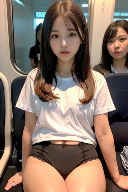 highest quality, masterpiece, Ultra-high resolution, (Reality: 1.4), Original photo, One girl, mature, White JK Uniform, happy smile, white panties, squatting on seat in train,  Cinema Lighting, (cowboy shot), masterpiece, realistic hands. [The character is surrounded by mist, evoking a mysterious and eerie atmosphere. The lighting is dark and atmospheric, with smoke adding a touch of sinister ambiance. Best quality image, HDR enhancement, showcasing the utmost level of detail and realism, full body shot:1.5]. [8K, Best Quality, Ultra High Resolution, (highly detailed CG unity 8k wallpaper), (best photo), (best shadows), isometric 3D, octane rendering, ray tracing, highly detailed, (Best quality, 4K, 8k:1.2), absurdity, ultra detailed, (realistic, photorealistic, photorealistic:1.37), complex parts, HDR, (complex parts:1.12), (hyper detailed, hyper realistic, Soft lighting, spicy:1.2), (complex parts, Hyper detailed:1.15). Blurred foreground. (backlit), masterpiece, high quality, brightness, chromatic aberration, foggy smoke, shadows, contrast, clear sky, (warm hue, warm tone), high details, natural reflections]. (YES SFW), many details.