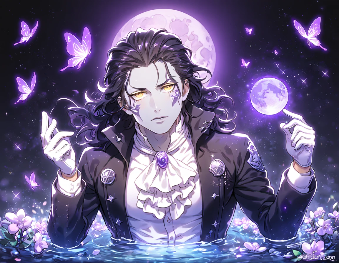 absurdres, highres, ultra detailed, HDR, master piece, best quality, Tyki Mikk, black hair, hair slicked back, ruffled wavy hair, expressive yellow eyes, gray skin, D.Gray-man, solo, sexy man, handsome, sensual, horny, black coat, white shirt, white cravat, white gloves, fantasy, magical, shining, purple flowers, blossoms, water, purple petals, purple butterflies, sparkling, purple moon, starry sky