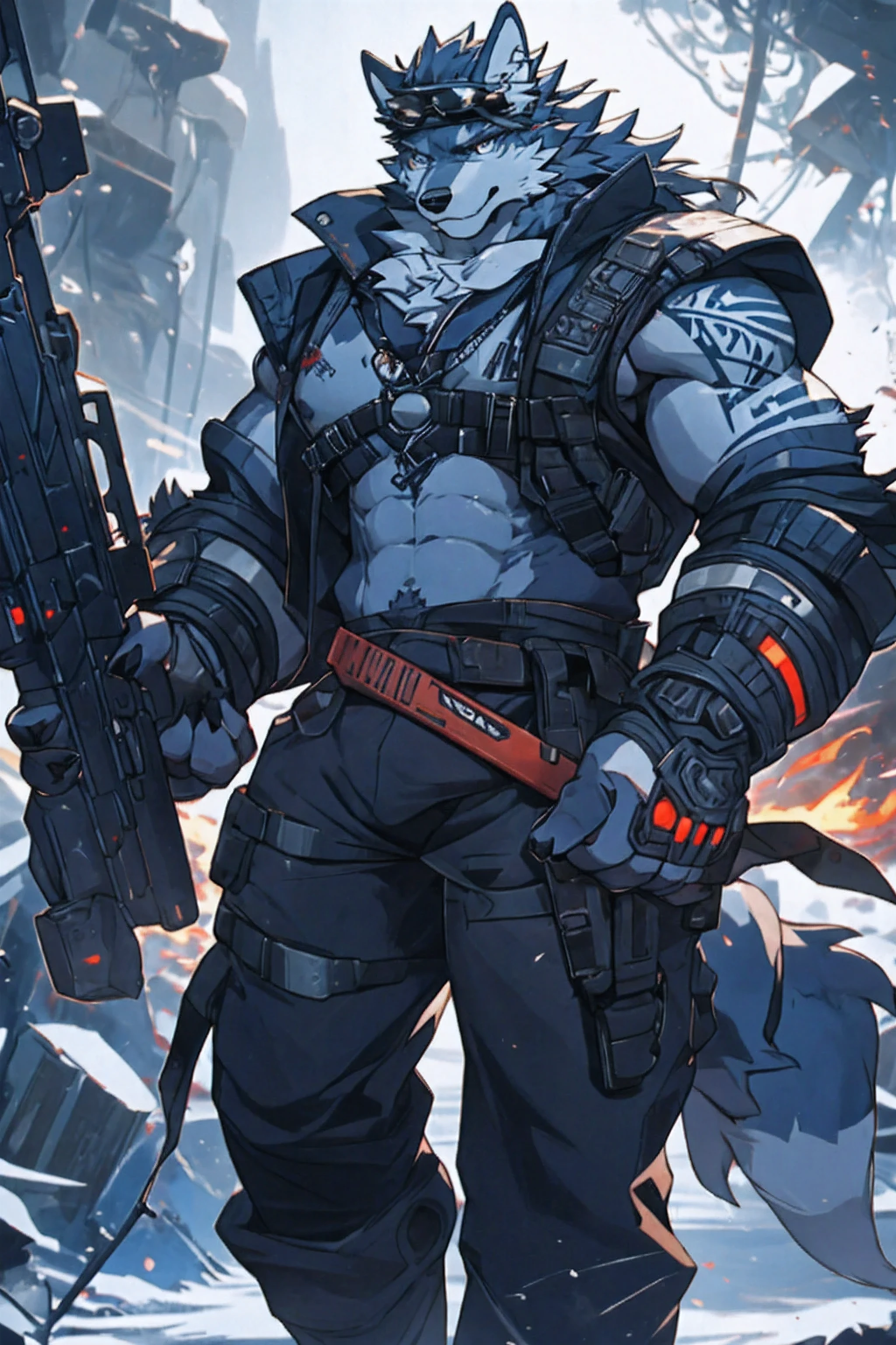 [Core Concept] A highly detailed, photorealistic depiction of a technologically-enhanced wolf creature.

[Character Description] The wolf has piercing, intricate eyes and a strong, muscular build. One of its hands is a mechanical prosthetic arm, and its body is covered in white, plush fur. Intricate tattoos adorn its powerful arms.

[Environment/Background] The wolf stands in a bleak, post-apocalyptic landscape, facing a high-tech display or screen.

[Style and Atmosphere] The scene has a gritty, rugged atmosphere, blending elements of science fiction and nature.

[Composition] The wolf is positioned prominently in the frame, its intense gaze directed towards the viewer or the screen it faces.

[Details and Embellishments] The wolf wears sleek, high-tech sunglasses, and clutches a firearm in its mechanical hand. Its Abs weaving adds a touch of futuristic detail.

[Technical Specifications] The image should be rendered at a high resolution (8k) with meticulous attention to detail and realism.