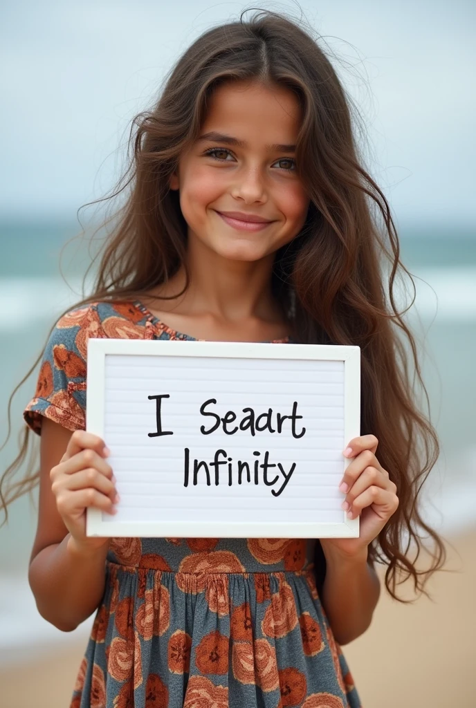 Beautiful girl with wavy long hair, bohemian dress, holding a white board with text "I Love Seaart Infinity" and showing it to the viewer