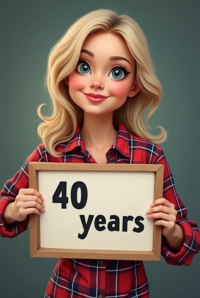 blonde woman in plaid shirt holding a sign saying 40 years, in hand, very high quality image, caricaturist alarcón, 20 year, 2 0, photo realist, Carolina Gariba, top quality photo,  fernanda suarez, fot, powder Nándor Katona, she is about 30 years old