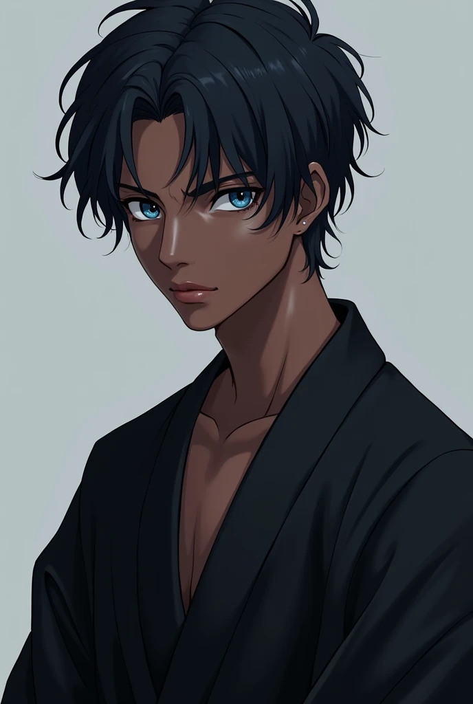 crie um homem, who has blue eyes, he is six feet tall, weighs 60 kilos black hair, a dark skinned eighteen year old looking at the camera wearing a black anime style kimono