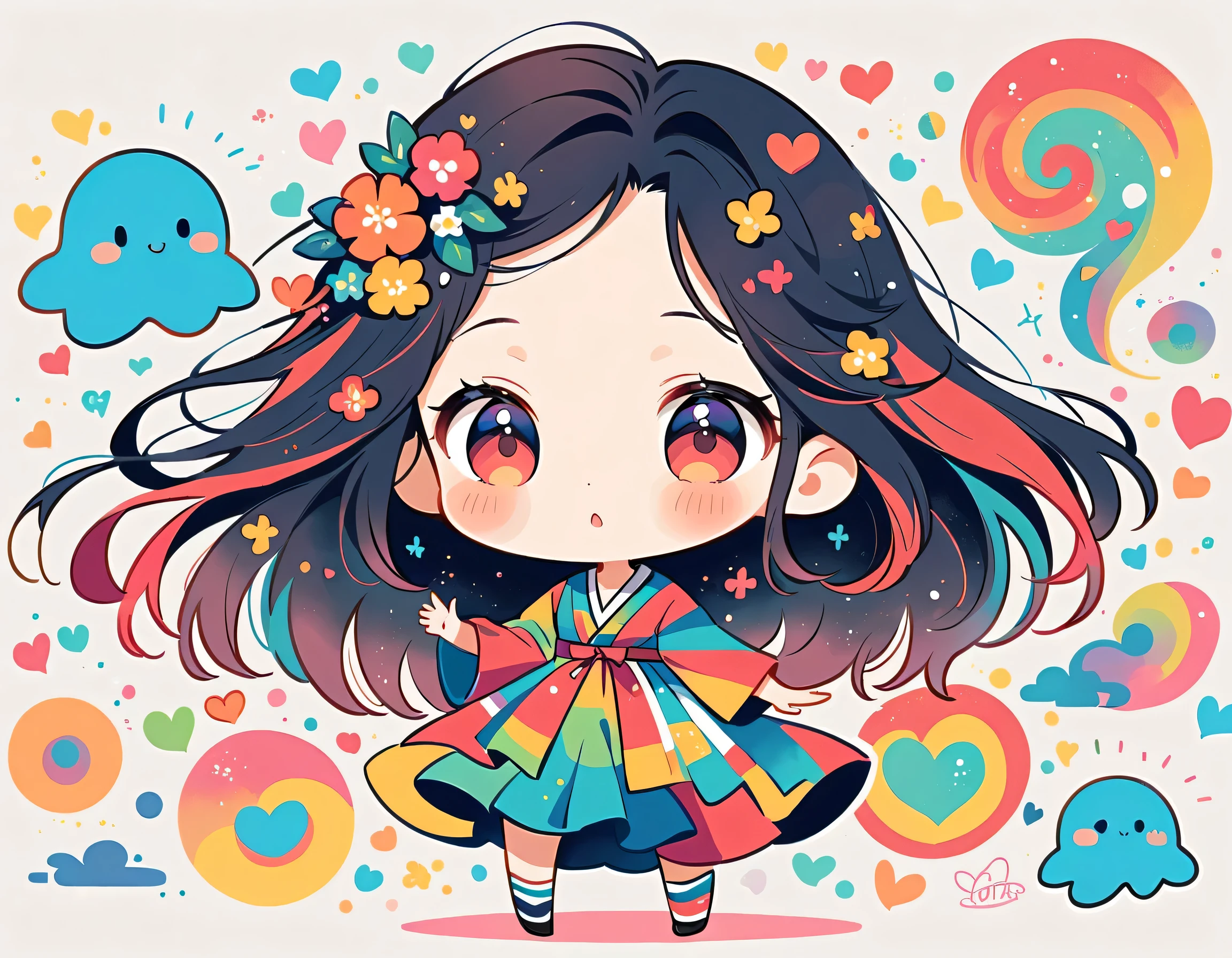 Mai Yoneyama style, Simple Line Initialism，Abstract art, colorful hearts ,(((The most beautiful girl of all time))), (((chibi))), (((Cute amoeba))), ひまわり