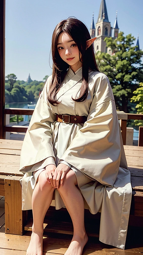 High quality, 8K, (chibi style), medieval European castle town, cute, loose, beautiful elf girl, slightly smiling, very skinny, large clothes, long sleeves of robe cover hands, short T-shirt,