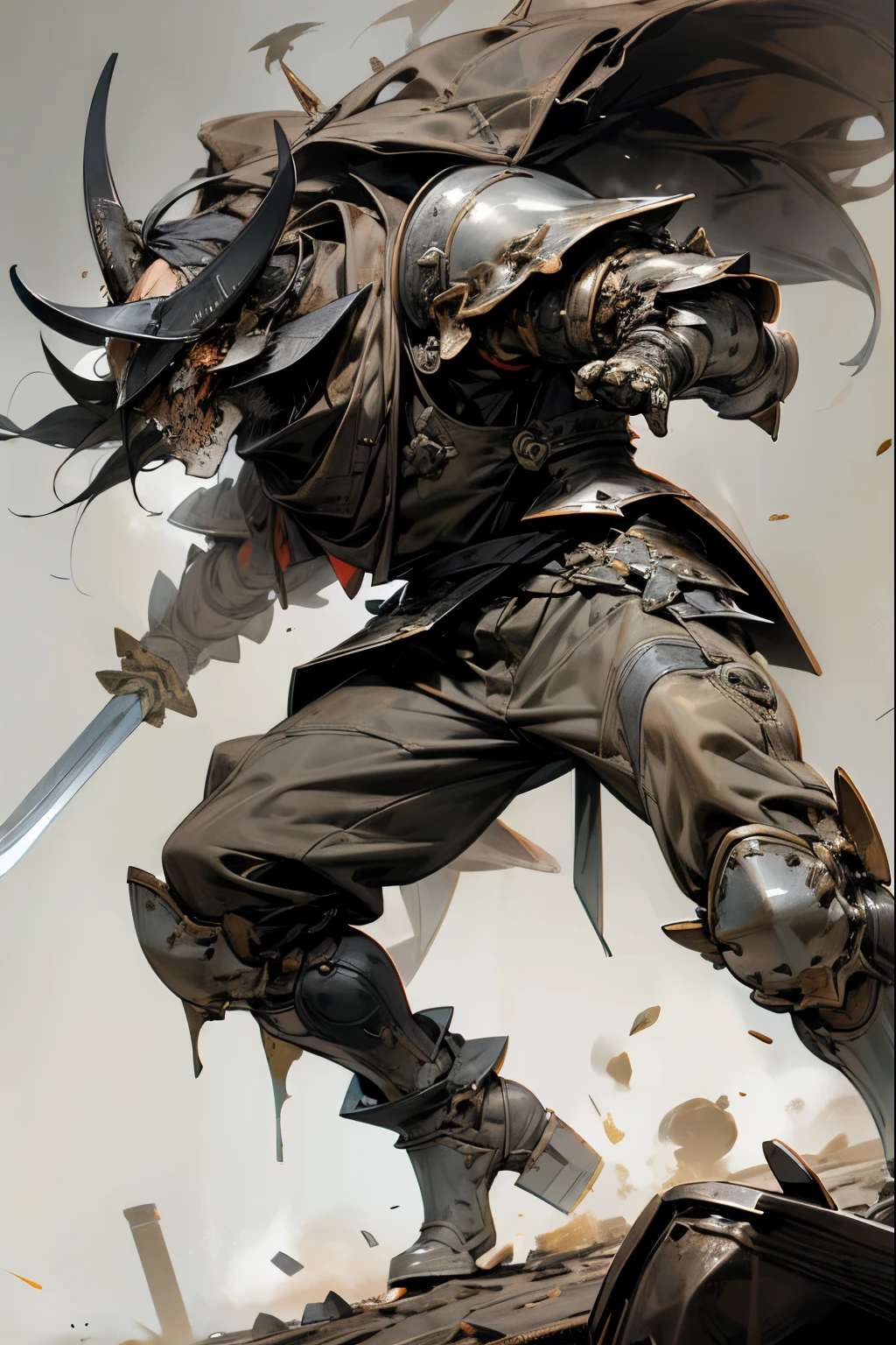 A helmet with a cow skull design,(rugged armor:1.5),Muscular々,One Man,Warrior,Combat Ready,Hoof Boots,A sword larger than one's height,Barbarian,lower one's stance,Masuarao,Carrying a weapon