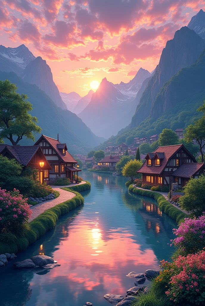 a small village by the river, mountains in the background, floral flowers colorful, detailed landscape, Beautiful natural landscapes, atmospheric lighting, scorching sunset, warm colours, practical, photopractical, Detailed Foliage, complex buildings, cobblestone street, Charming country house, swirly vibrant colors, lush vegetation, Still water reflections, Picturesque, idyllic, work of art, best qualityer, 8k, extremely detaild,anime styling