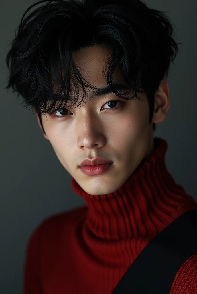 Handsome Korean male idol with black hair in red and black turtleneck