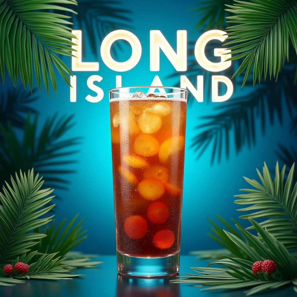 Create a clean stunning standalone image with clean lines, splash art with vibrant color. The image should be engaging, avoid abstract or minimalistic styles. The image should be fully contained within a tropical, related to Vietnam frame, with edges that seamlessly blend into a clean deep blue background. Ensure all elements of the design are visible and not cut off at the edges. A single, classic Long Island Iced Tea cocktail, against a clean deep blue background. The title "LONG ISLAND" is crafted in a bold, modern typography in front of the image. The letters are bold and minimalist, with clean lines and balanced proportions, rendered in a white color that stands out against the deep blue background. The cocktail is rendered in exquisite detail, with condensation drops glistening on the glass. The glass itself is tall and slender, showcasing the characteristic color gradient from amber to brown.