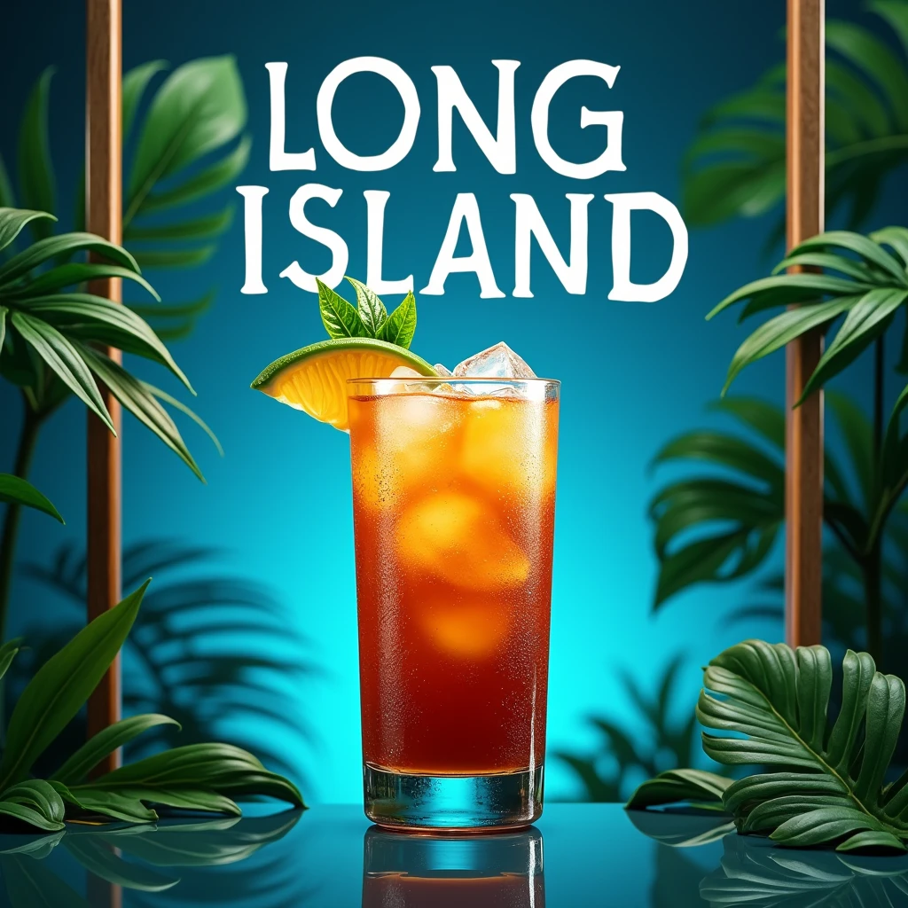 Create a clean stunning standalone image with clean lines, splash art with vibrant color. The image should be engaging, avoid abstract or minimalistic styles. The image should be fully contained within a tropical, related to Vietnam frame, with edges that seamlessly blend into a clean deep blue background. Ensure all elements of the design are visible and not cut off at the edges. A single, classic Long Island Iced Tea cocktail, against a clean deep blue background. The title "LONG ISLAND" is crafted in a bold, modern typography in front of the image. The letters are bold and minimalist, with clean lines and balanced proportions, rendered in a white color that stands out against the deep blue background. The cocktail is rendered in exquisite detail, with condensation drops glistening on the glass. The glass itself is tall and slender, showcasing the characteristic color gradient from amber to brown.