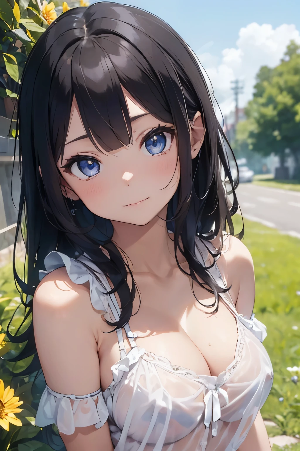 ((Top Quality)), ((Excellent)), (Details),,((Japanese)),, Black Hair,(Childish face),((Straight Hair)), shiny hair, 1 Girl ,((Moderate breasts)), ((Blue Eyes)),masterpiece, (half-smile), ultra realistic ,((Emphasize the cleavage)), Shoulder straps slip off, ((upper body)), ((extreme_close_up)),((Frills White chemise)), ((See-through White chemise)) ,((Emphasize the cleavage)),((topless)) ,((naked)), , best quality, Natural Light, Straight Hair,((blunt bangs)), stunning environment ,vibrant colors ,((extreme_close_up)) ,overhead shot, ((extreme_close_up)) ,((Emphasize the cleavage)), solo, Straight Hair, hair ribbon, outdoors, (Grassland), lake, Flowers, white bow , upper body, blunt bangs ,((Frills White chemise)), ((See-through)),