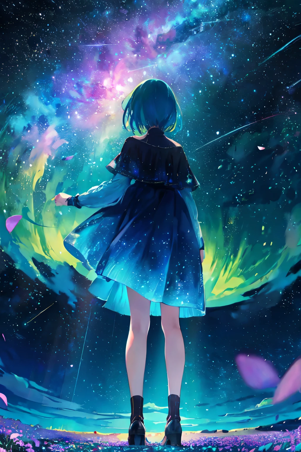 1girl, distant girl, rainbow colored hair, wearing a teal dress armor, staring at the stars, (zoomed out:1.1), (meteor shower:1.2), (comet:1.1), low angle, from behind, aurora borealis, shooting star, surrounded by flowers petals, standing in a field, best quality, masterpiece, cloud, colorful, starry, stars