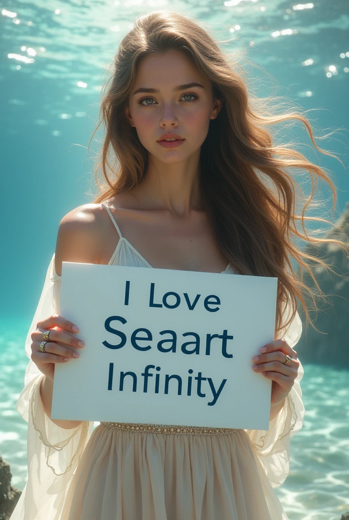 Beautiful girl with wavy long hair, bohemian dress, holding a white board with text "I Love Seaart Infinity" and showing it to the viewer