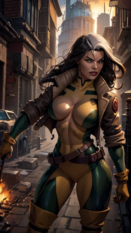 [Core Concept] A rogue figure in a street fighting stance, with a strong, curvaceous physique and intricate facial features. [Character Description] A female rogue character, standing in a defensive fighting stance, her muscular yet feminine form accentuated by her round, well-defined breasts. Her face is rendered with meticulous detail, from her piercing eyes to the subtle contours of her features. [Environment/Background] The rogue is set against the backdrop of a gritty urban environment, the setting hinting at the challenges and conflicts she navigates. [Style and Atmosphere] The scene has a dark, gritty aesthetic, with a sense of tension and intensity befitting the rogue's aggressive stance. [Composition] The composition focuses on the rogue's powerful presence, with her figure occupying a central and commanding position within the frame. [Details and Embellishments] Intricate details are incorporated throughout, from the texture of her clothing to the expression of determination on her face, heightening the realism and depth of the image. [Technical Specifications] The image is rendered with a high level of detail and realism, showcasing the artist's technical mastery in capturing the rogue's physicality and the overall atmosphere of the scene.