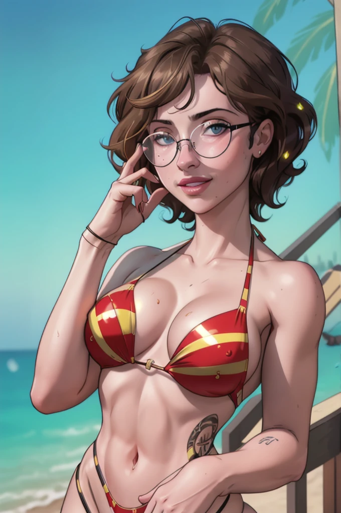 l34nb33fp4tty, photo of a beautiful woman, 8k resolution, highest resolution, beautiful quality, best quality, photorealistic, masterpiece, detailed lighting, bokeh
wearing glasses, (wearing a micro slingkini:1.2) skindentation, messy hair, short wavy hair, exposed midriff