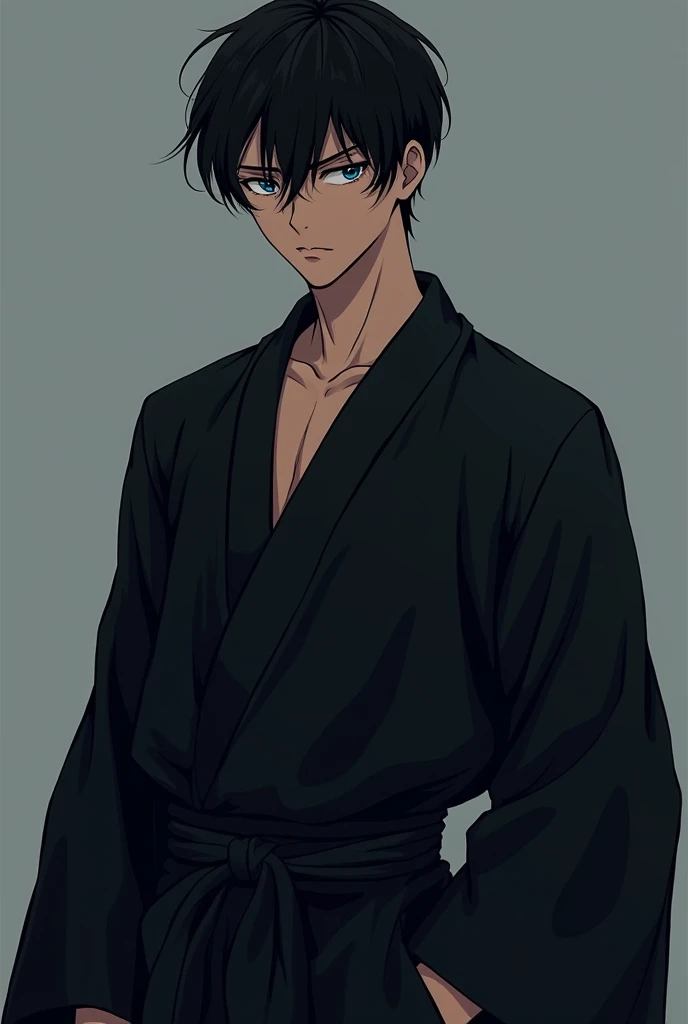 crie um homem, who has blue eyes, he is six feet tall, weighs 60 kilos black hair, a dark skinned eighteen year old looking at the camera wearing a black anime style kimono
