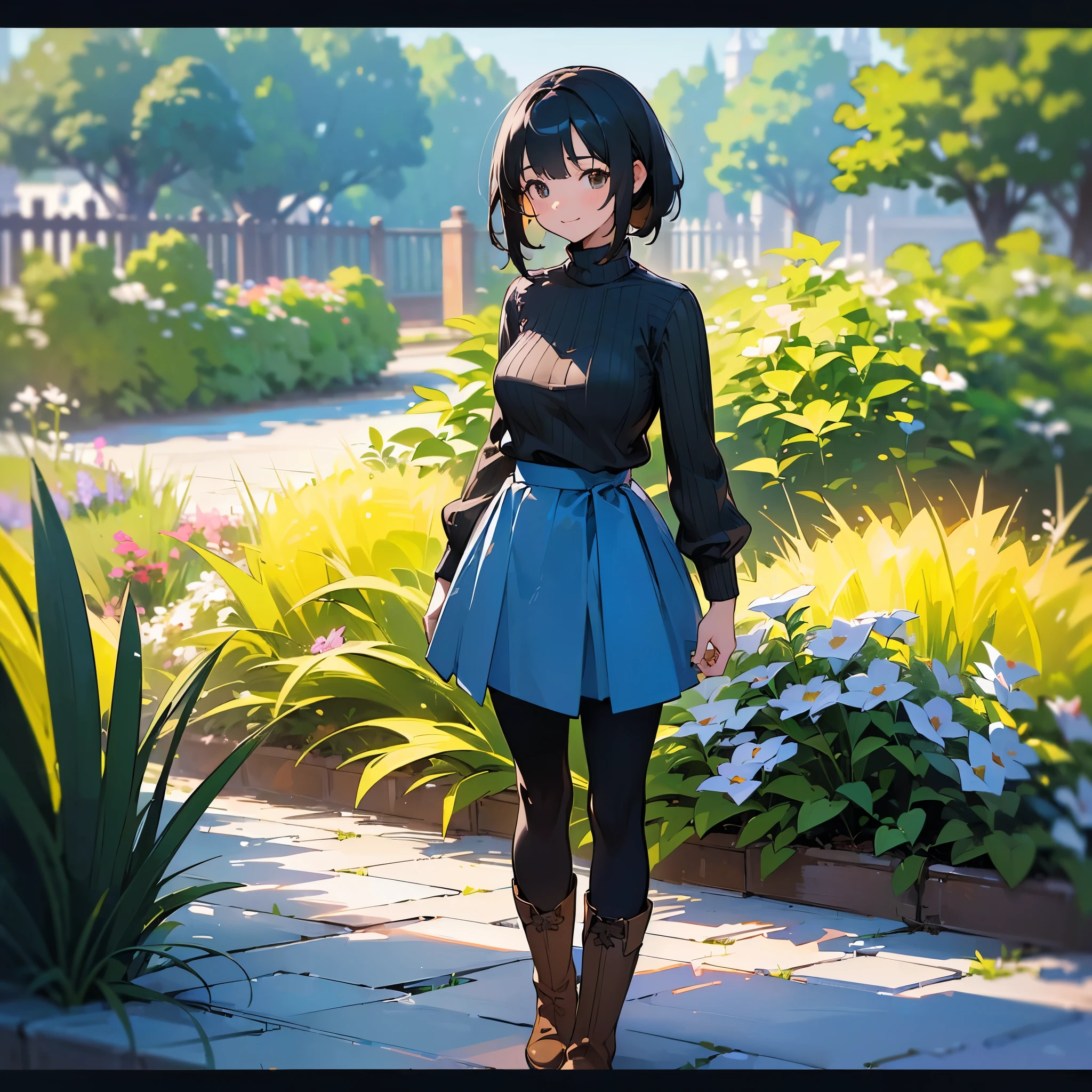 (high quality, High resolution, Very detailed, reality:1.37), Peaceful atmosphere, (Outdoor, garden), Teenage girl standing alone, (my breasts are big.), Beautiful details, Cute Smile, (Black bob hair), Ribbed sweater, Blue Skirt, Black tights, Brown boots.