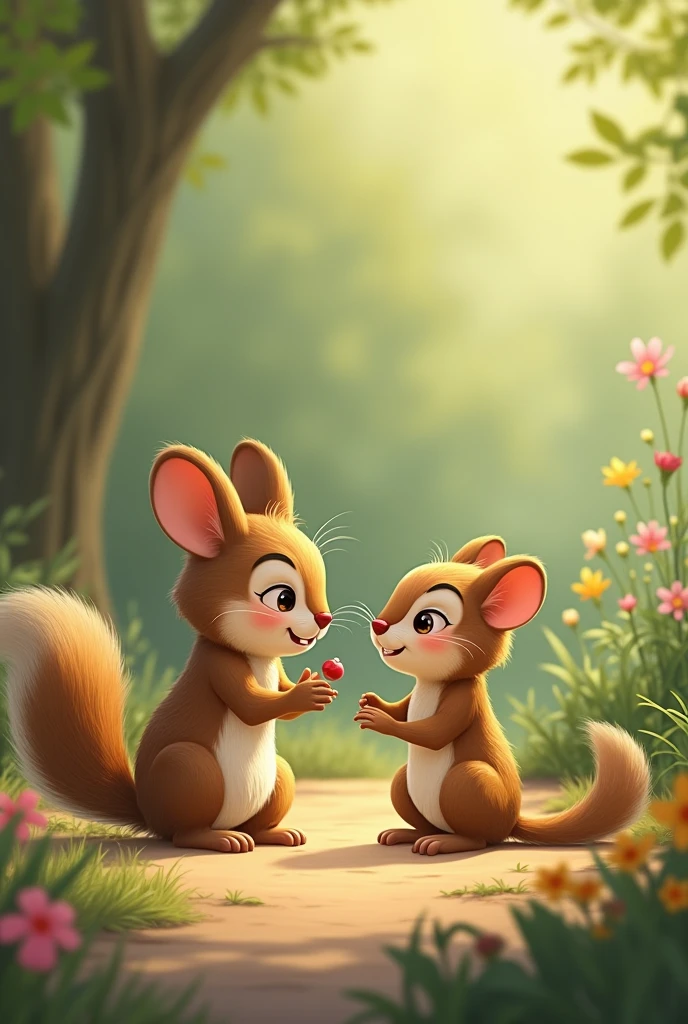 Tico the little mouse is now hiding behind a bush, with a somewhat sad expression, looking at your diaper. The atmosphere is quiet, With flowers and trees all around.
it is, the little squirrel, is sitting next to Tico, holding his little paw and looking at him with an encouraging smile. Tico looks down, A little sad.
it is abraçando Tico, with Zezé the rabbit approaching and smiling. Tico seems more excited, with a shy smile on his face.