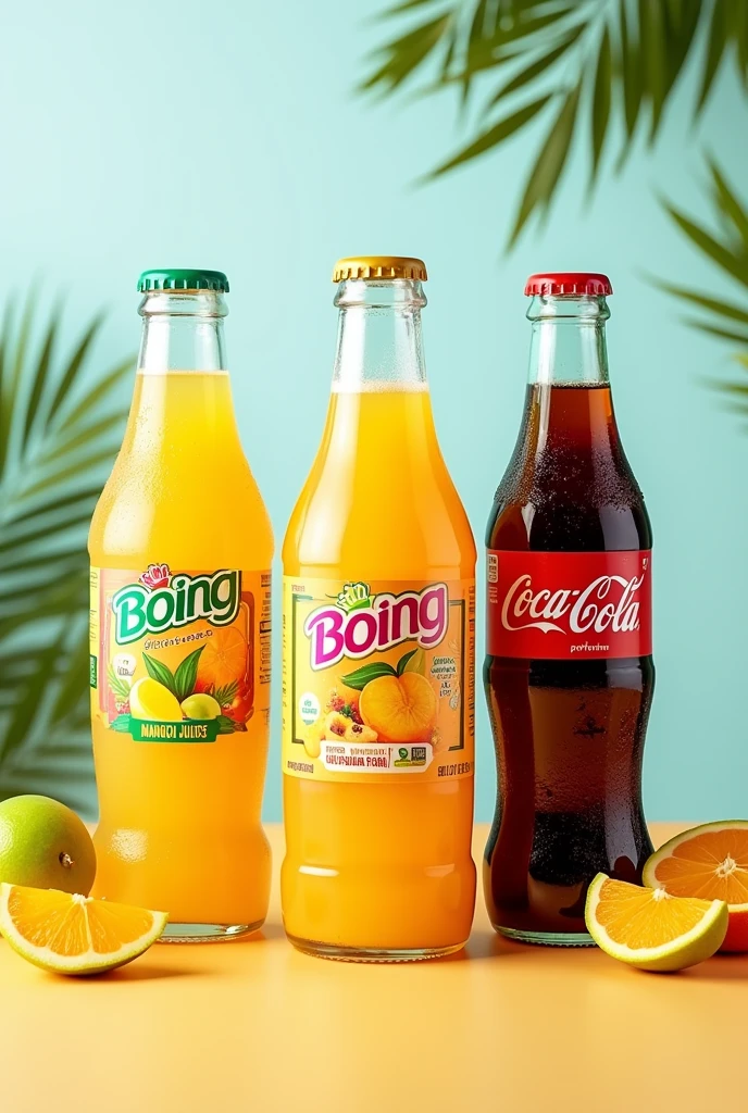Create an advertising image showing the packaging of a mango boing ,half-liter guava and a half-liter glass coke