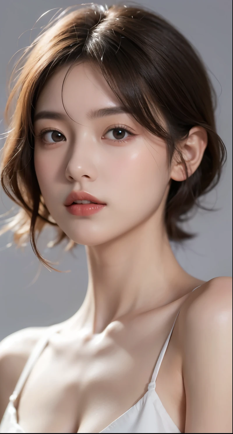 Beautiful woman with perfect figure:1.4,Ultra-high resolution,White Background,(Real:1.4),Layered Hairstyles,White skin,Micro Bikini:1.5,whole body,Extremely delicate facial and skin texture,double eyelid,Skin whitening,short hair,Gray Hair