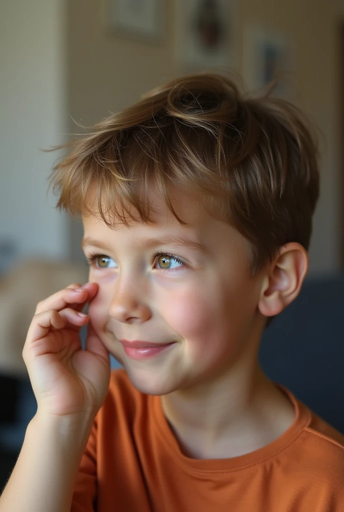 A boy touching his hair