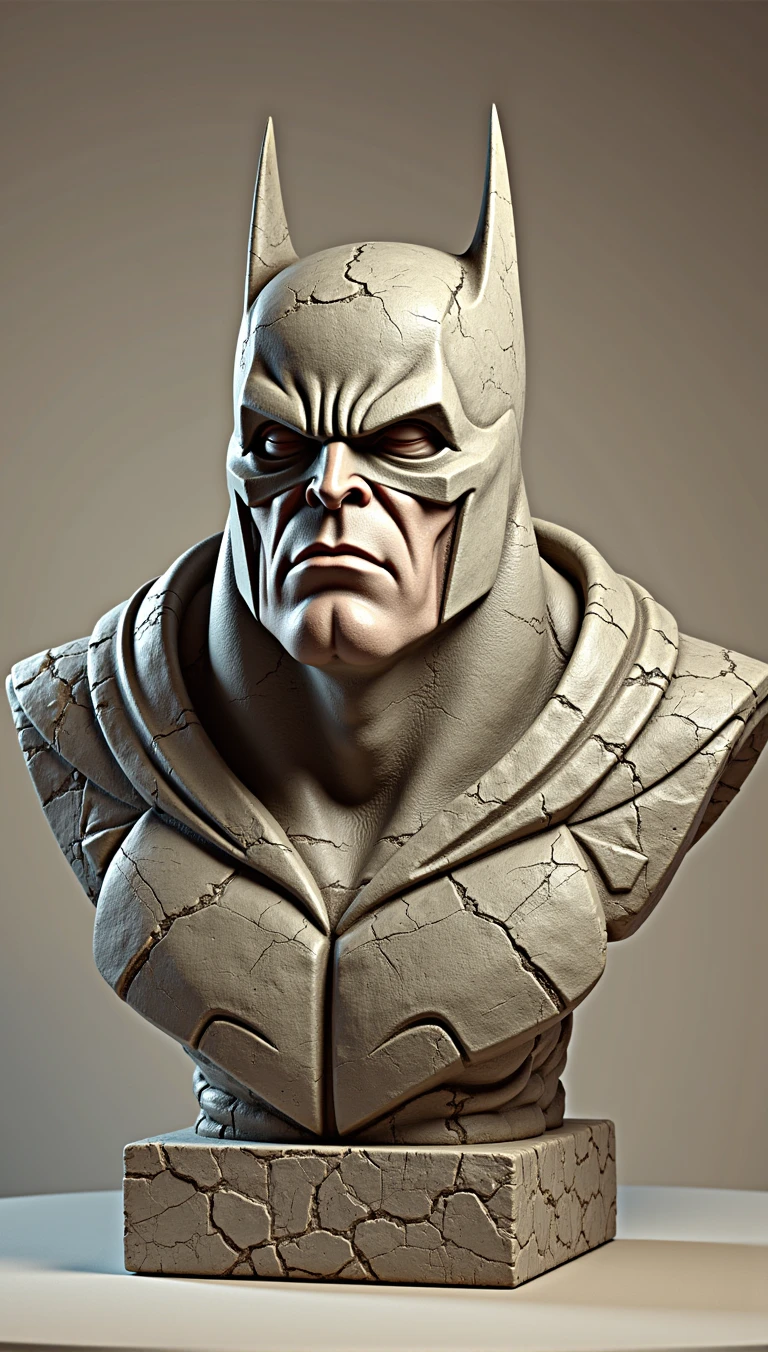 [Core Concept]
A stone bust sculpture depicting the iconic superhero, Batman.

[Character Description]
The sculpture portrays a stoic and brooding Batman, his cowl casting dramatic shadows over his chiseled features. The expression is one of intense focus and determination, conveying the character's unwavering resolve to protect the city.

[Environment/Background]
The bust emerges from a plain, unadorned stone backdrop, allowing the powerful visage of the Dark Knight to take center stage.

[Style and Atmosphere]
The sculpture has a rugged, weathered aesthetic, with the rough-hewn stone surface accentuating the gritty and imposing nature of the character. The overall atmosphere is one of strength, resilience, and a sense of dark heroism.

[Composition]
The sculpture is designed with a strong, angular composition, mirroring the angular lines and sharp edges of Batman's iconic costume. The bust is positioned in a commanding, forward-facing stance, commanding the viewer's attention.

[Details and Embellishments]
Intricate details are carved into the stone, capturing the subtle textures and contours of Batman's cowl, the defined musculature of his jawline, and the intense gaze of his eyes. These meticulous details add depth and realism to the sculpture.

[Technical Specifications]
The stone bust sculpture is a large-scale, finely crafted work of art, showcasing the skilled craftsmanship of the sculptor. The use of durable stone material ensures the longevity and permanence of this powerful representation of the Batman character.