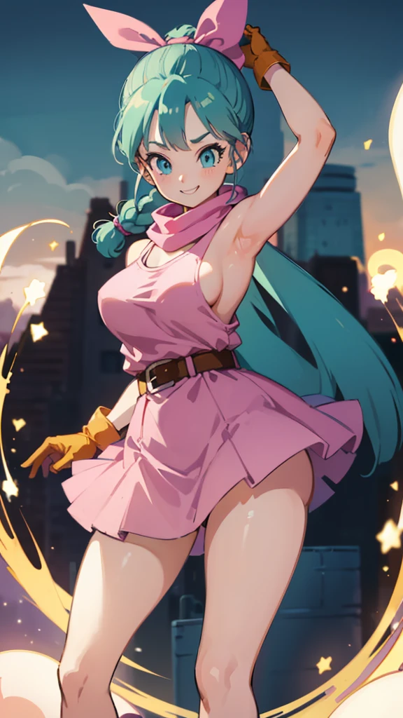masterpiece, best quality, high resolution, dragon ball, blmpony, aqua hair, hair ribbon, braided ponytail, pink shirt, belt, scarf, pink skirt, clothes writing, brown gloves, big breasts, ultra mini pink dress, show armpits and pussy ((half naked))) smiling, namekusei l background.
