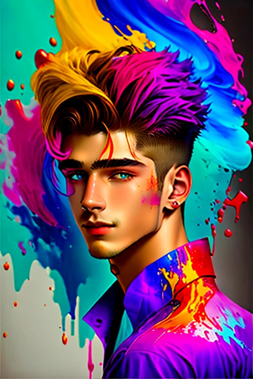 
High quality portrait of 19 year old attractive guy ! The Magic of Creating Portrait Art Masterpieces ! All paint colors, poured onto canvas, magically move and mix., turning into a stunningly beautiful portrait ! A whirlwind spins the poured bright ink onto the canvas . the bright and contrasting colors are simply stunning . our imagination - creating a masterpiece in the style of Alberto Seveso !!