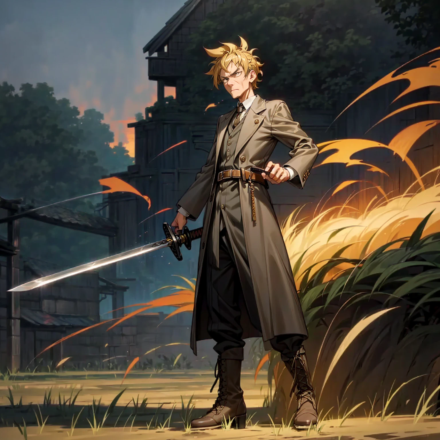 Solo character, full body version, old man, black eyes, blonde half black hair, short curly mohawk, formal clothing, belt, boots, outdoor, field, town, medieval, morning, standing gesture, detailed background, detailed clothing, detailed hair, angry eyes, sword in hand, smoke effect, lighting, glow effect on sword 