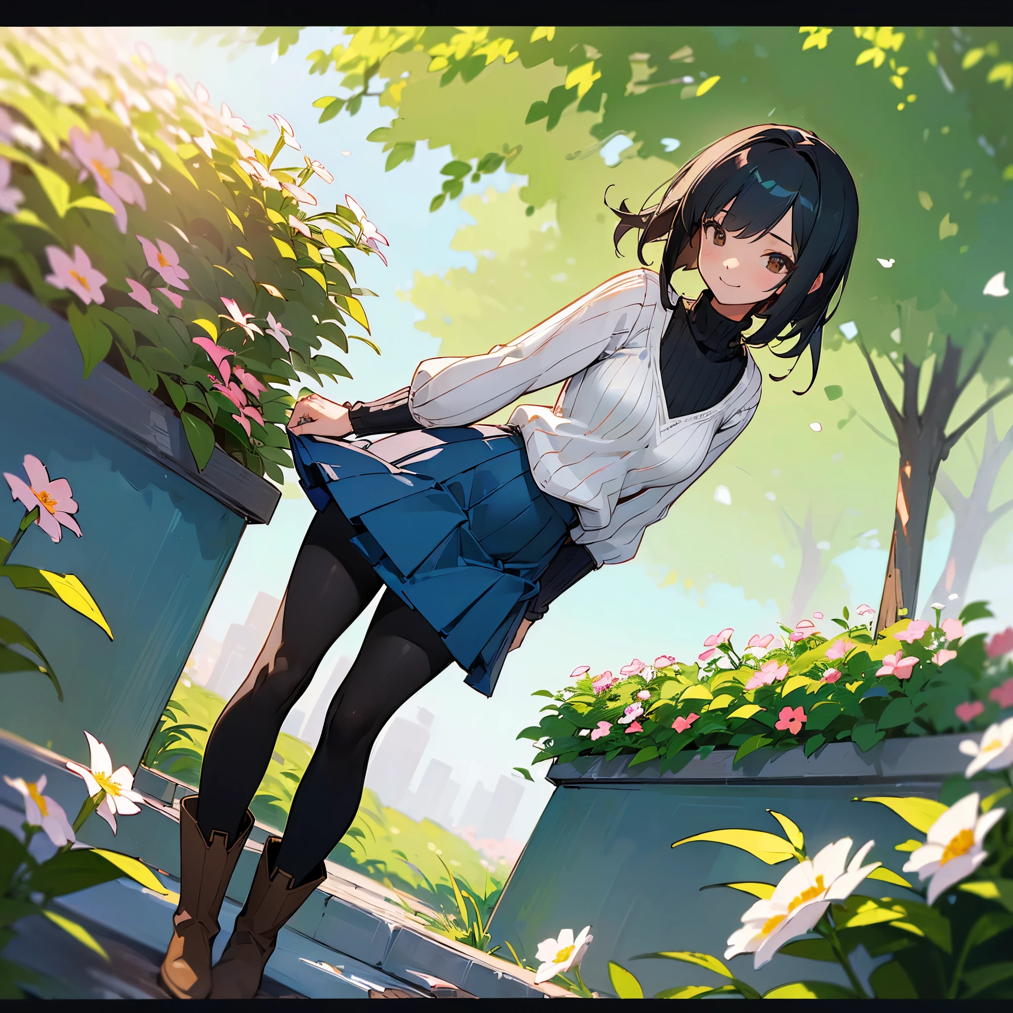 (high quality, High resolution, Very detailed, reality:1.37), Peaceful atmosphere, (Outdoor, garden), Teenage girl standing alone, (my breasts are big.), Beautiful details, Cute Smile, (Black bob hair), Ribbed sweater, Blue Skirt, Black tights, Brown boots.