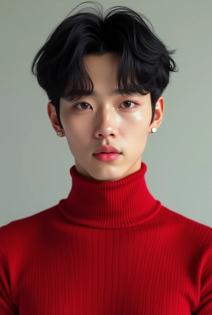 Young Male Korean Idol Handsome Black Hair Red Turtleneck Top